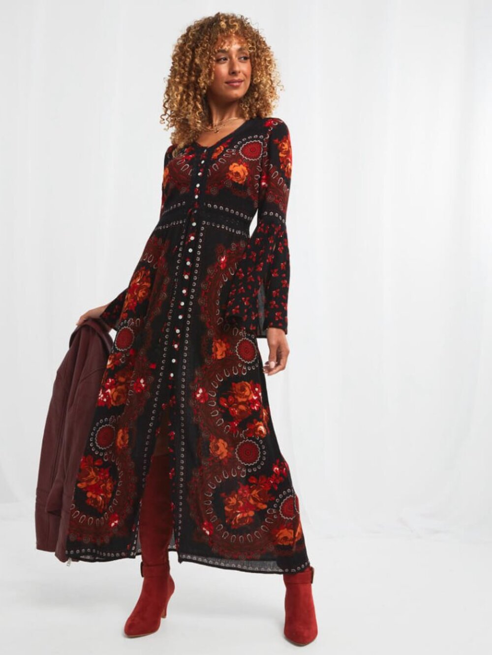 Joe Browns Black Abstract Button Through Scoop Neck Boho Boho Goth Floral Dress